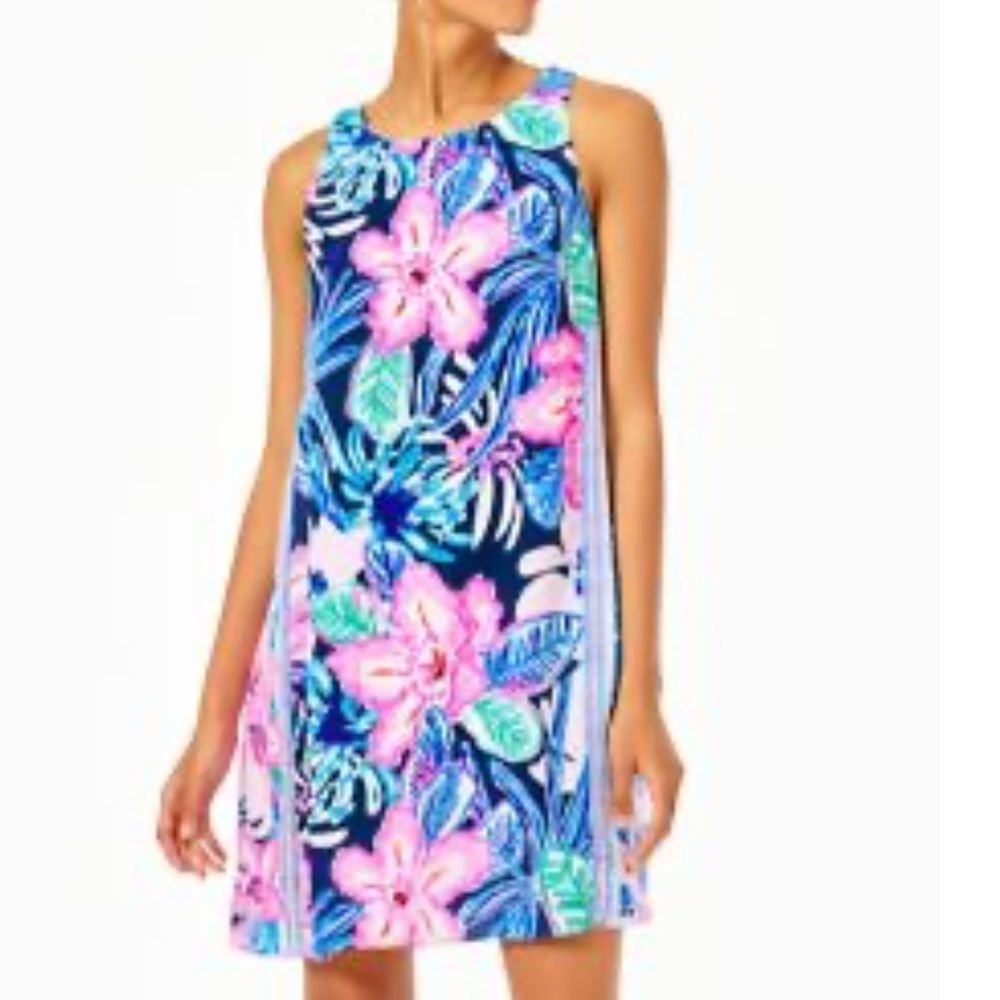 Lilly Pulitzer Jackie Silk High Neck Shift Mini Dress S High Tide Navy Resort